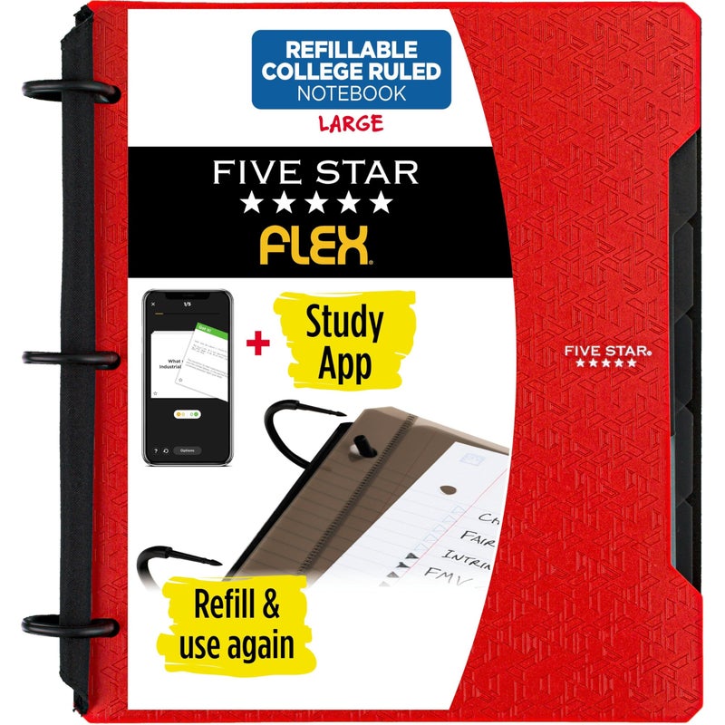 Five Star Flex Refillable Notebook + Study App, College Ruled Paper and 1 Inch TechLock Ring Binder with Pockets, Tabs and Dividers, 200 Sheet Capacity, Fire Red (29328AB2) - Image 1